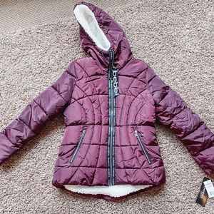 BRAND NEW, NEVER WORN BEBE jacket; Size small; Color cranberry